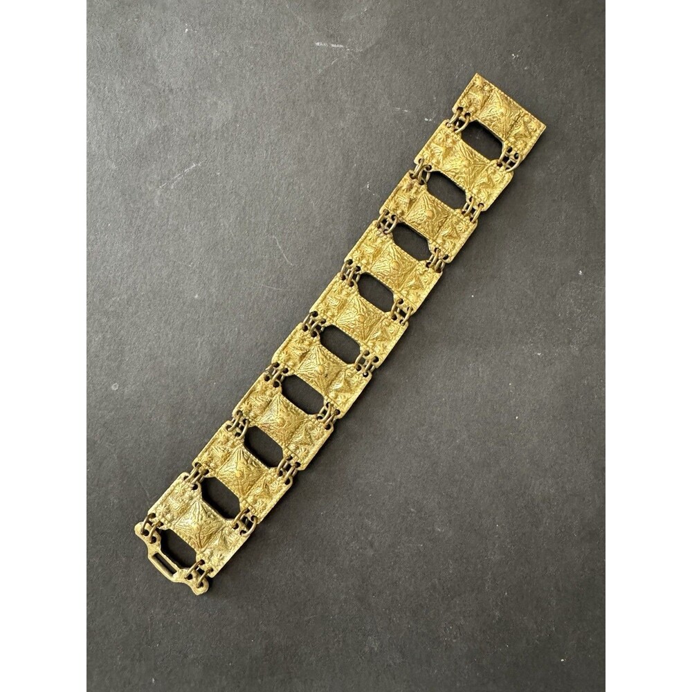 Vintage Brutalist Brass Wide Panel Bracelet Hand Hammered Artisan Studio Jewelry